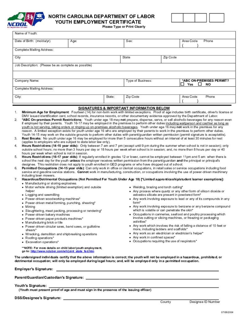 NC Youth Employment Certificate