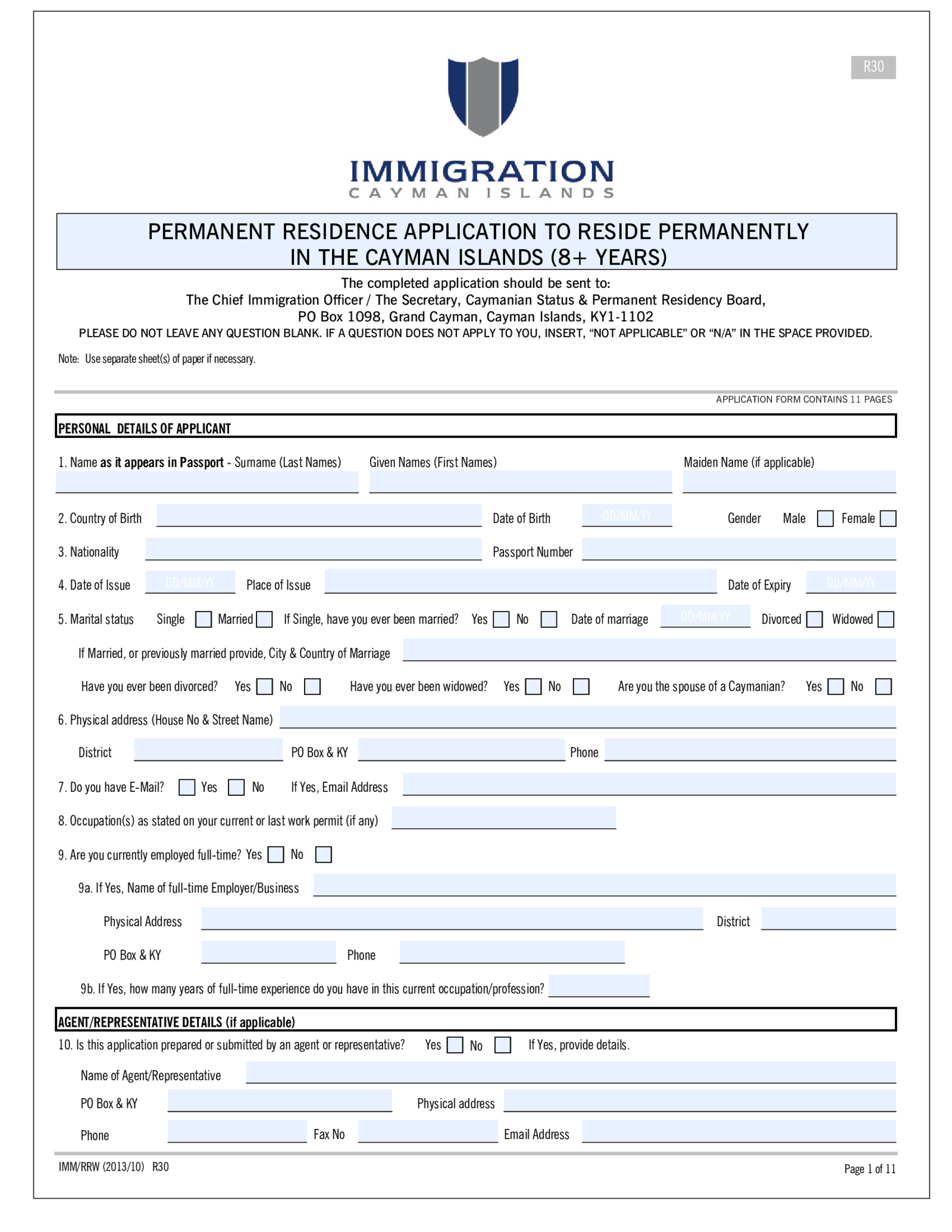 Fillable Cayman Islands Immigration Permanent Residency - Thumbnail