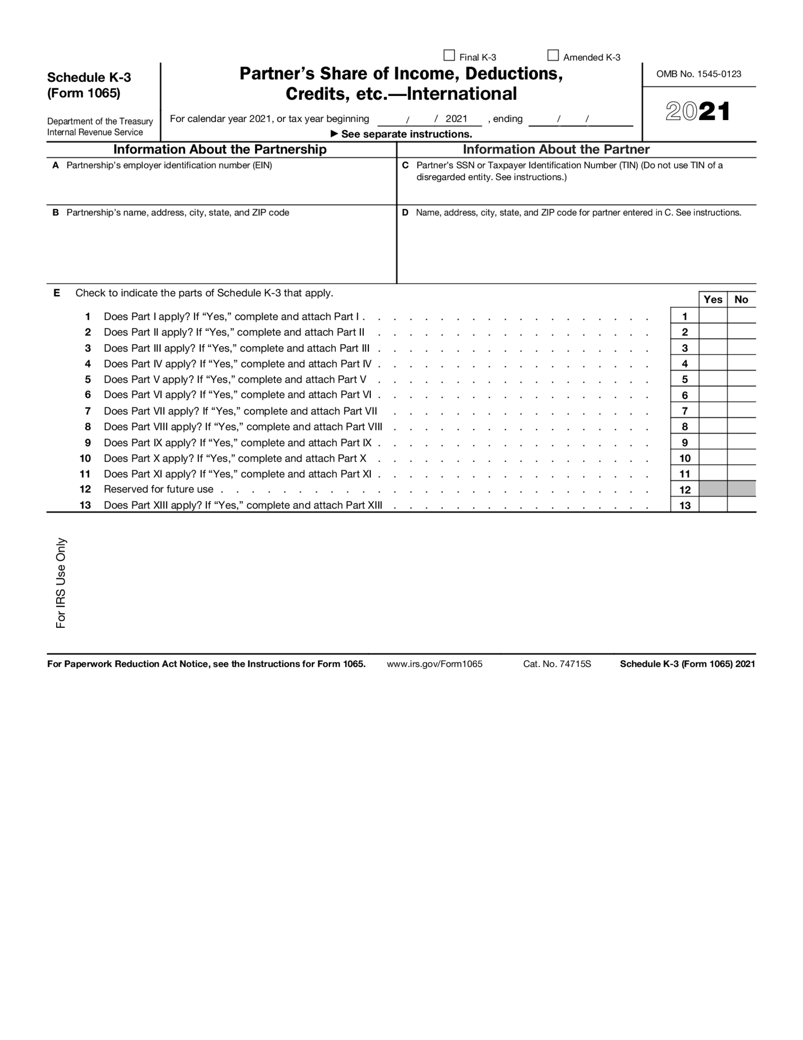 Fillable Schedule K-3 (Form 1065) (2021) - Thumbnail