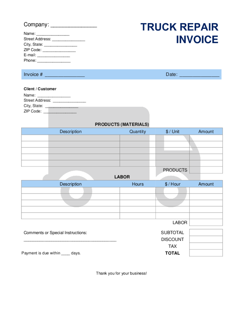 Truck Repair Invoice Template