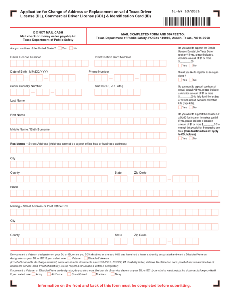 Texas Address Change Form - DL-64