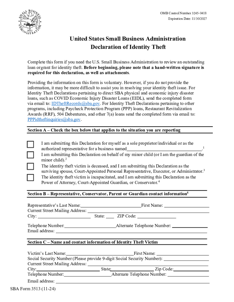 SBA Form 3513 - Declaration of Identity Theft