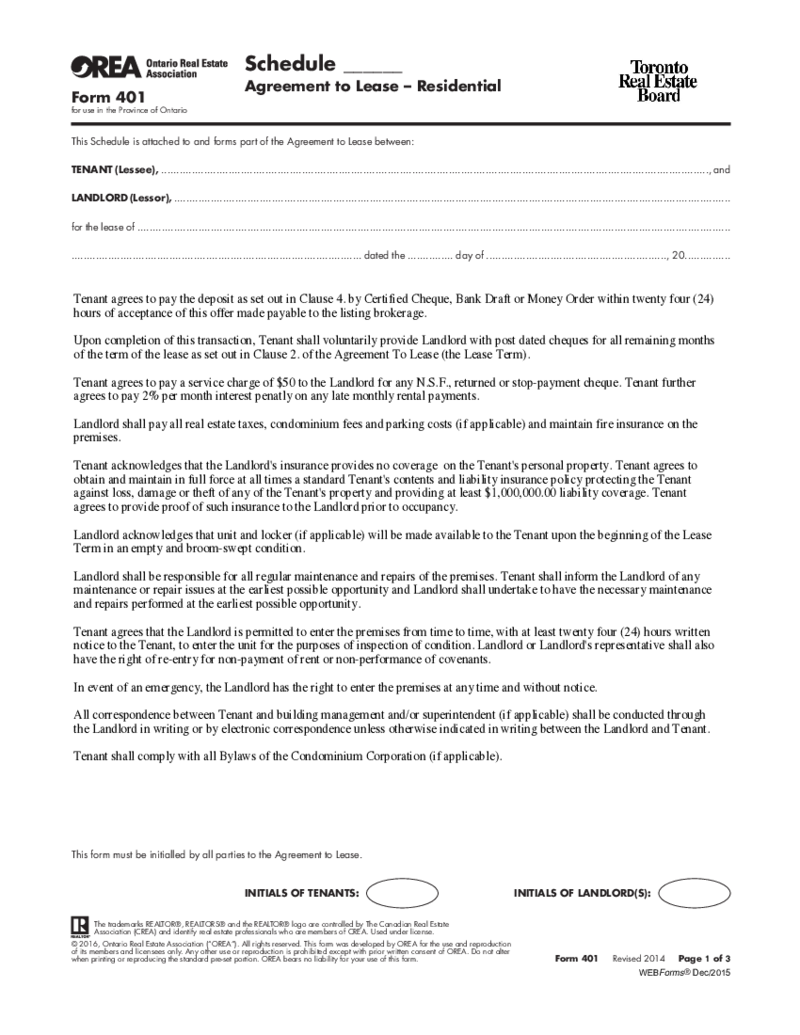 OREA Form 401, Schedule - Agreement to Lease - Residential