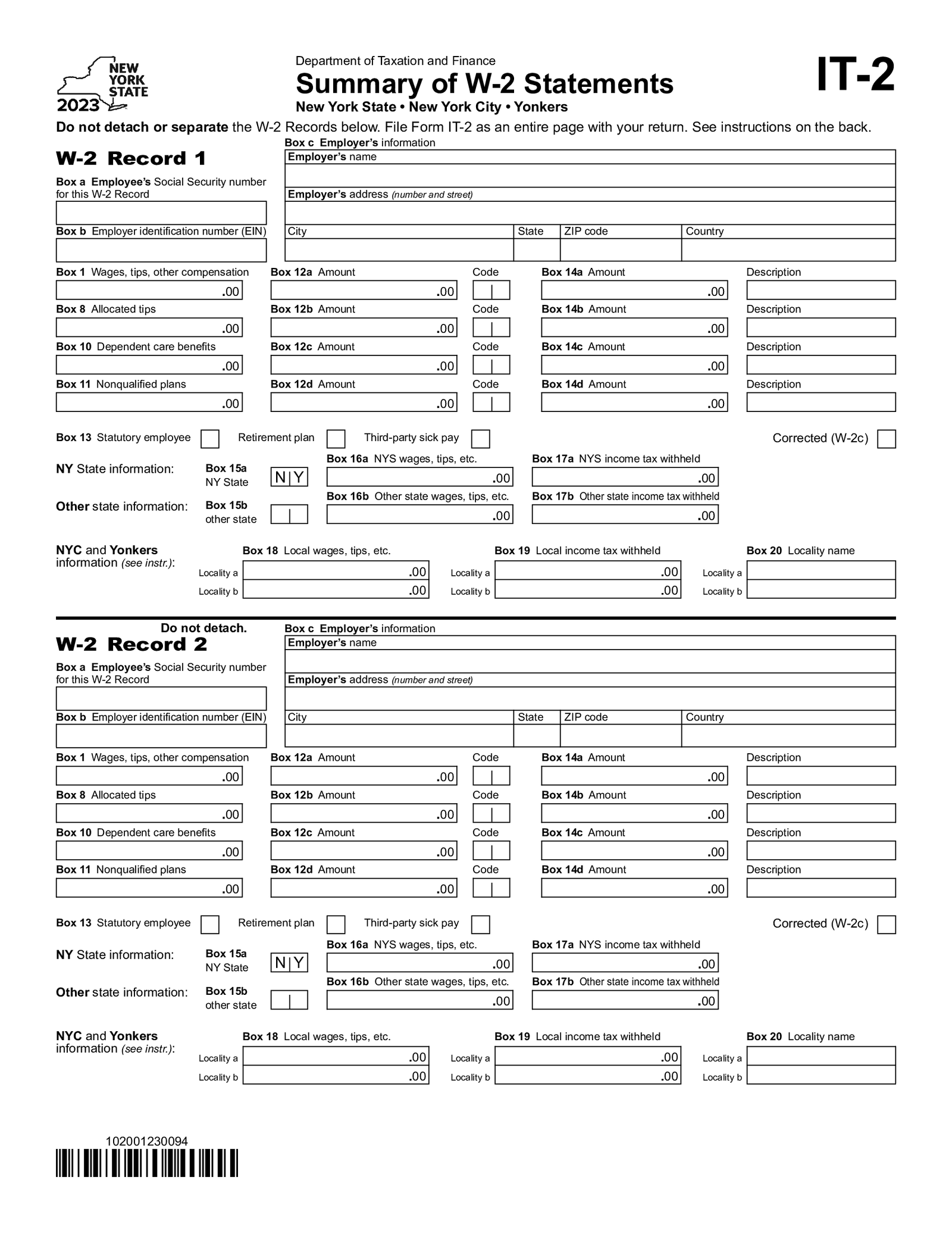 Fillable NY Form IT-2 - Summary of W-2 Statements - Thumbnail