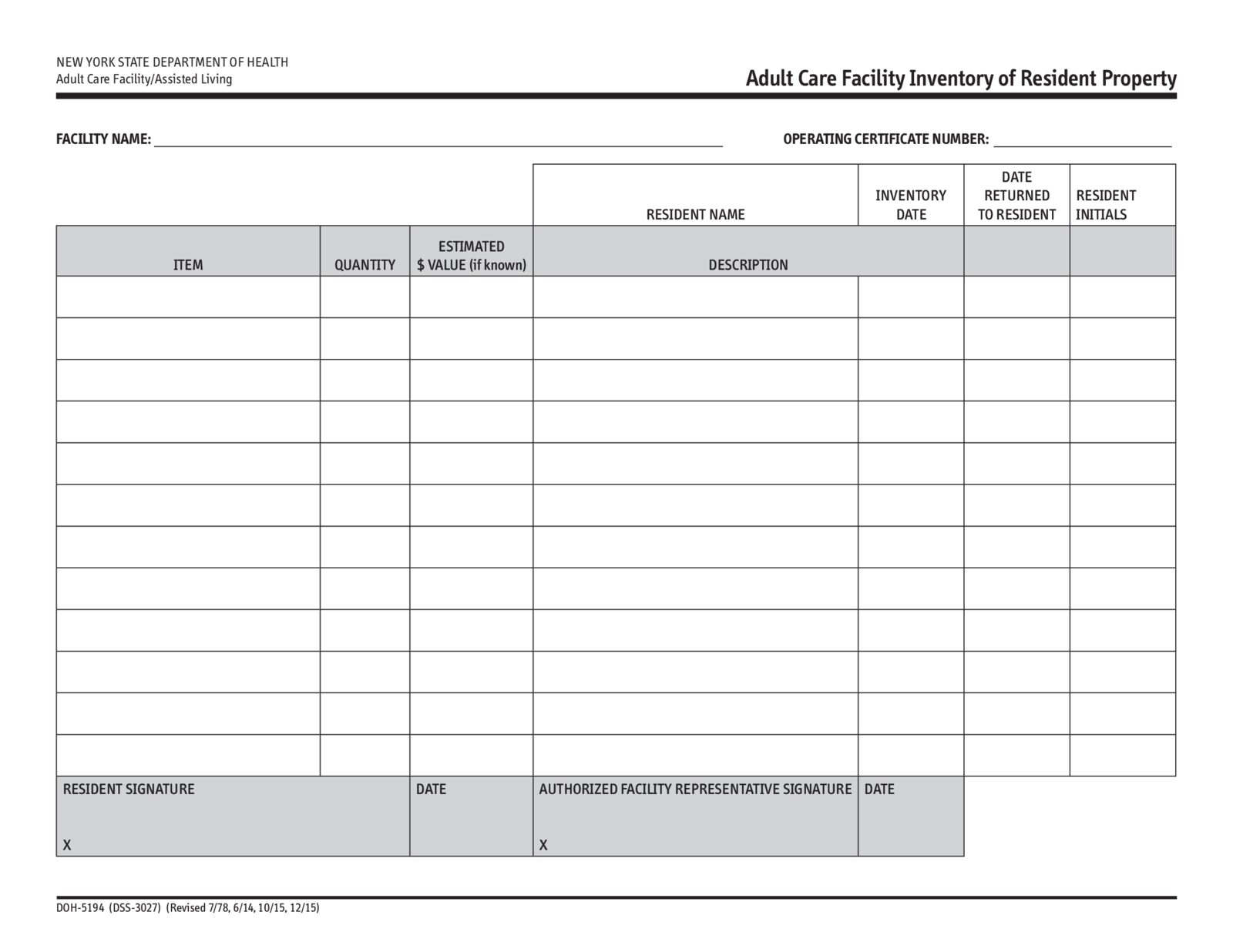 Adult Care Facility Inventory of Resident Property - Thumbnail