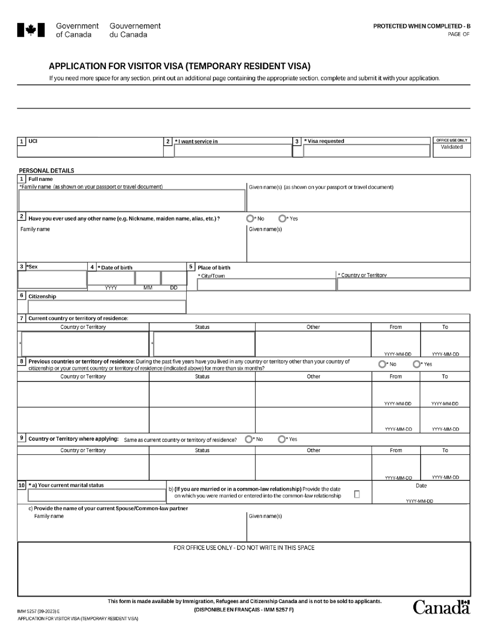 IMM 5257 Form, Application for Temporary Resident Visa - Thumbnail