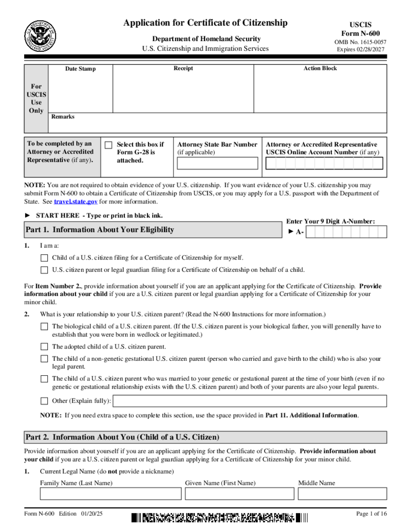 Form N-600, Application for Certificate of Citizenship