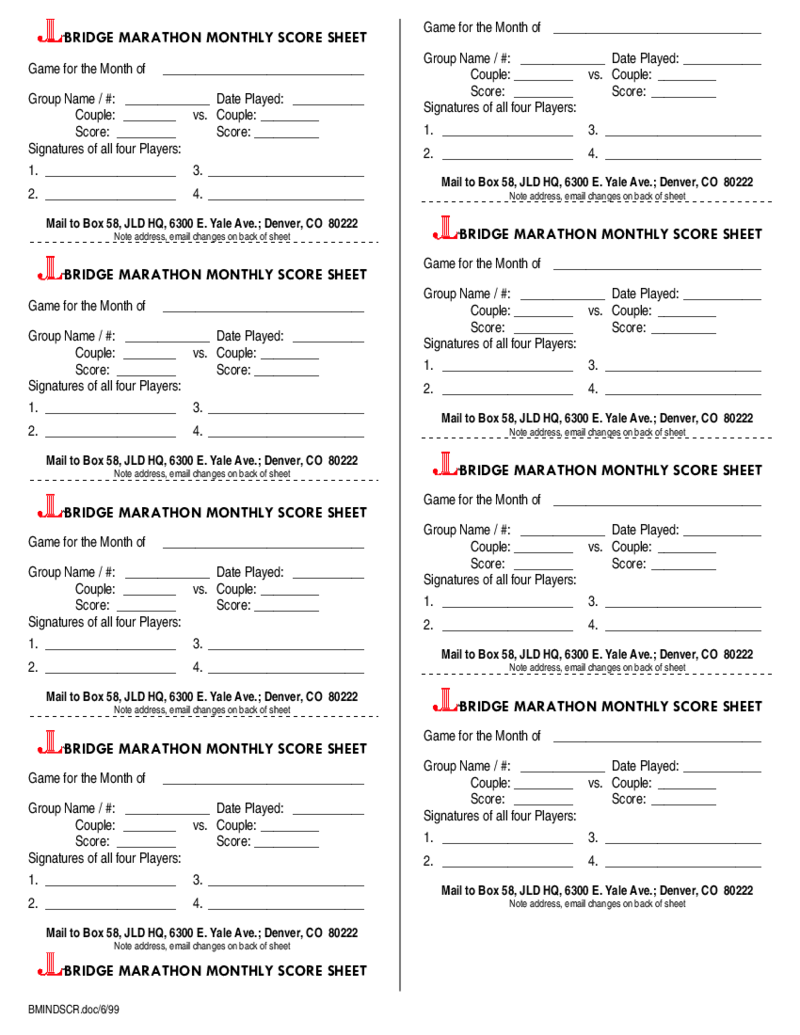 Bridge Marathon Monthly Score Sheet