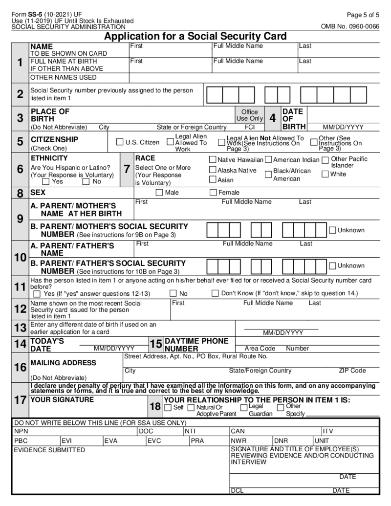 Form SS-5 - Application for Social Security Card