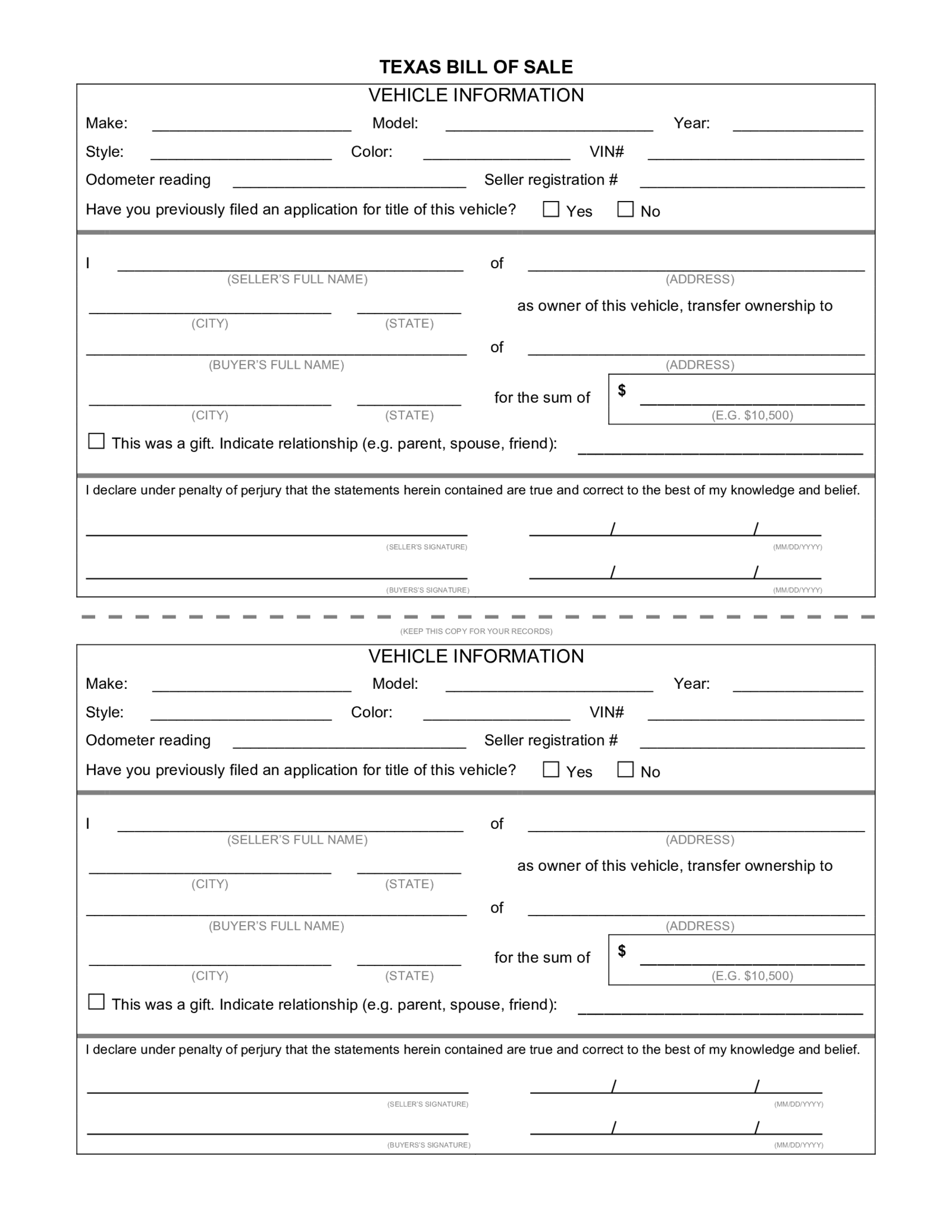 Texas Motor Vehicle Bill of Sale - Thumbnail