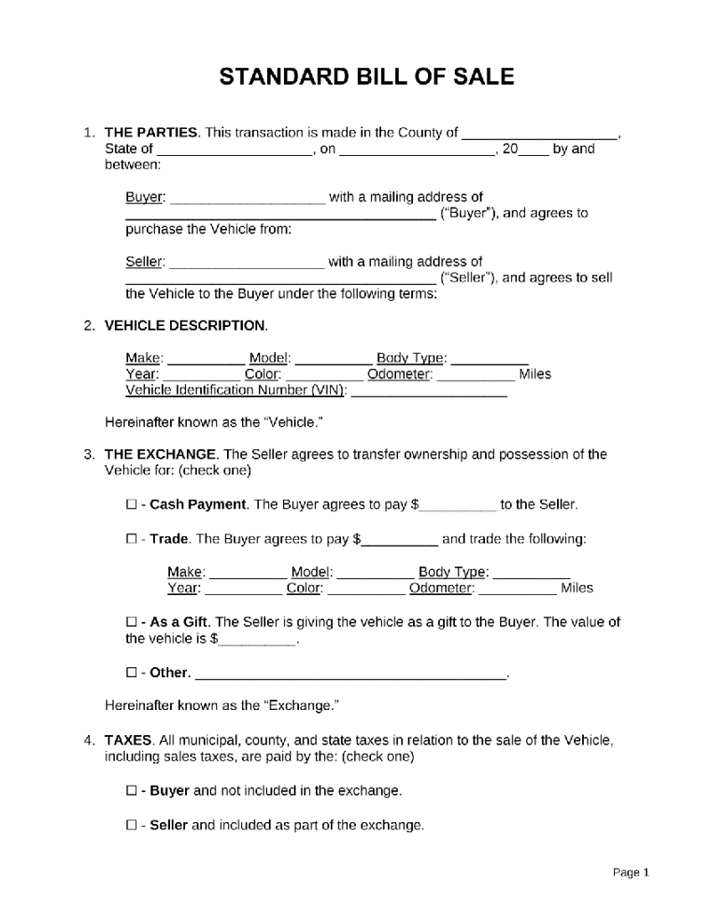 Bill of Sale Form