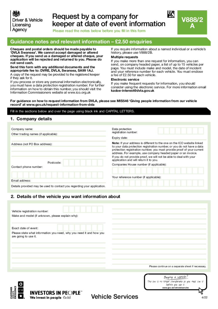 Request by a company for keeper at date of event information (form V888 2A)