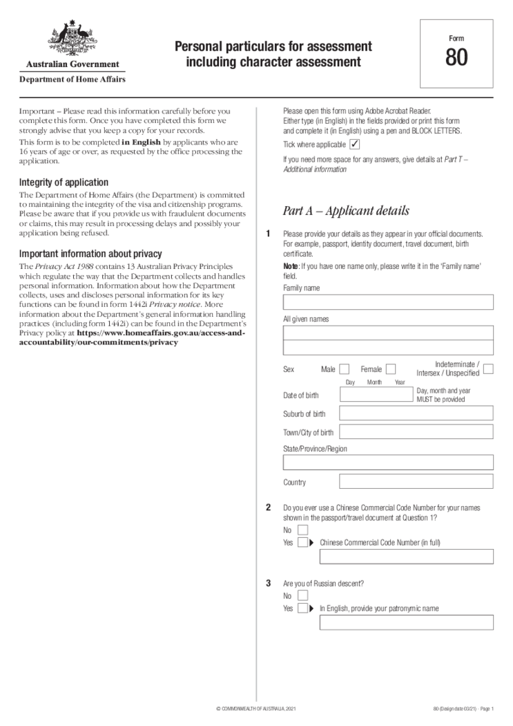 Form 80 Australia Immigration