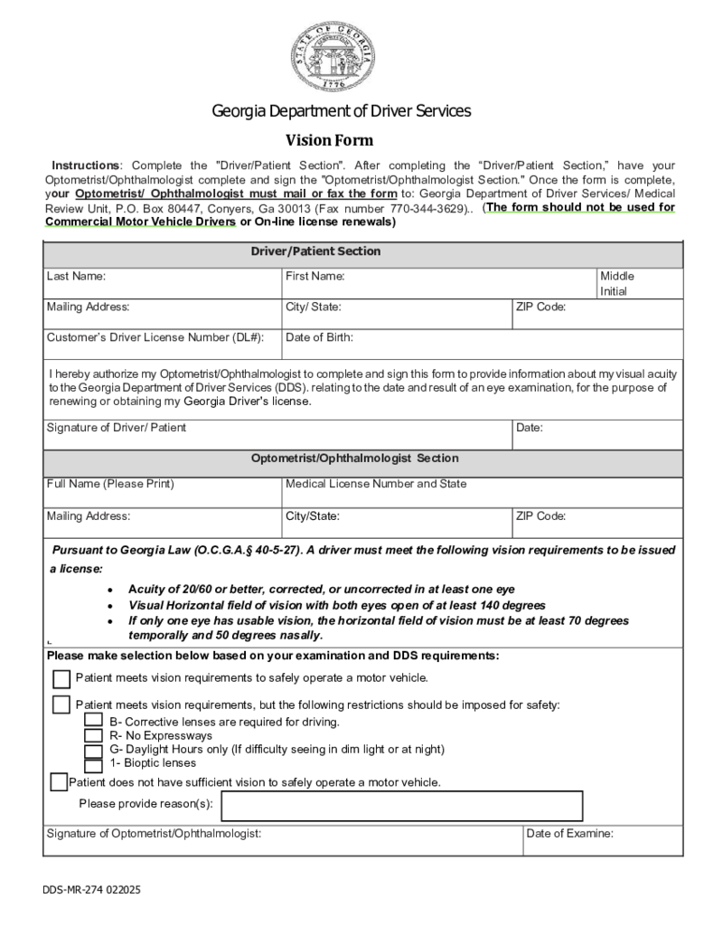 Form DDS-MR-274, Georgia Department of Driver Services Vision Report