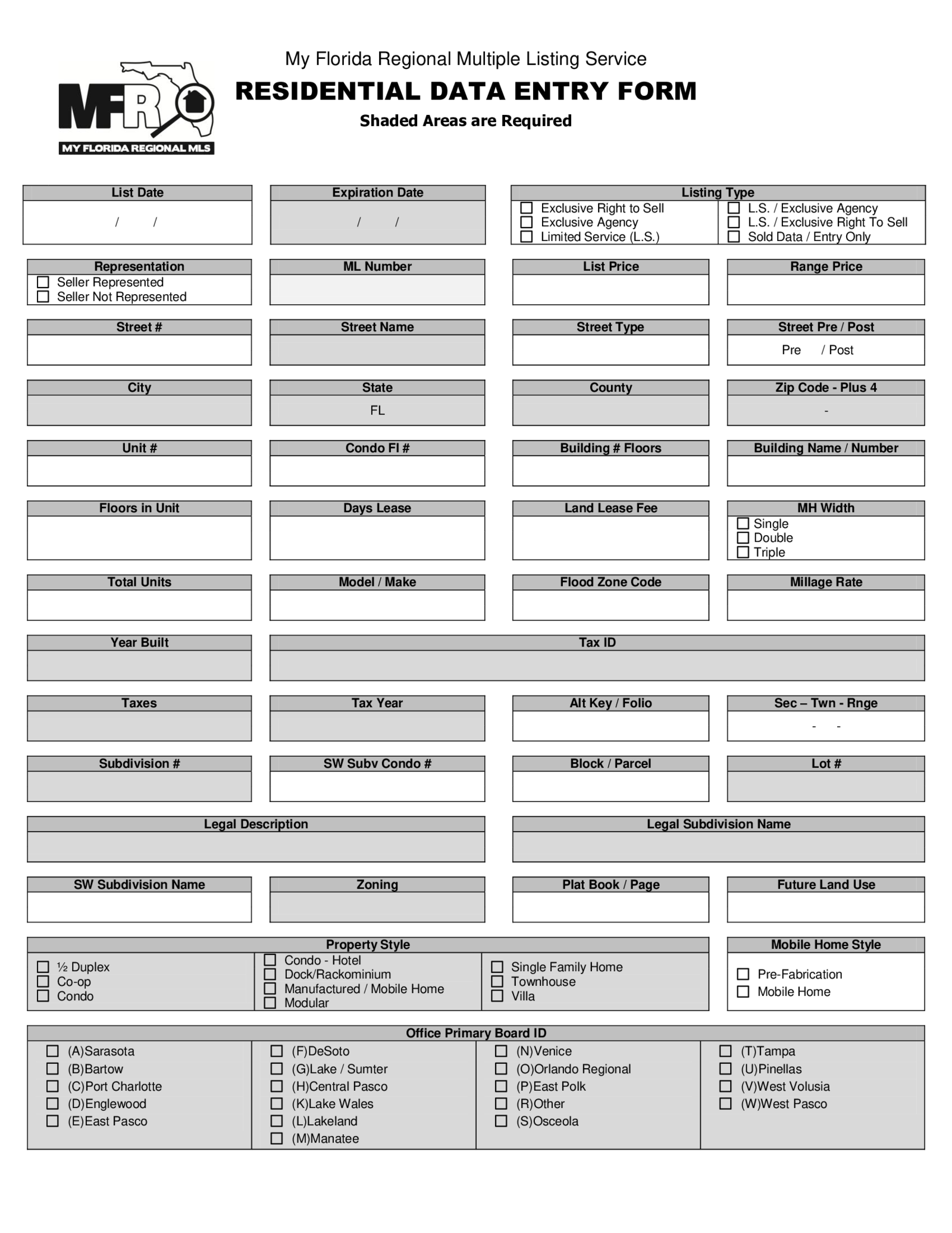 MFR MLS Residential Data Entry Form - Thumbnail