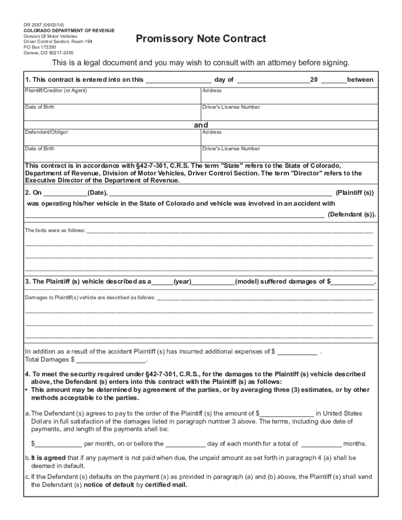 DR 2567 - Promissory Note Contract