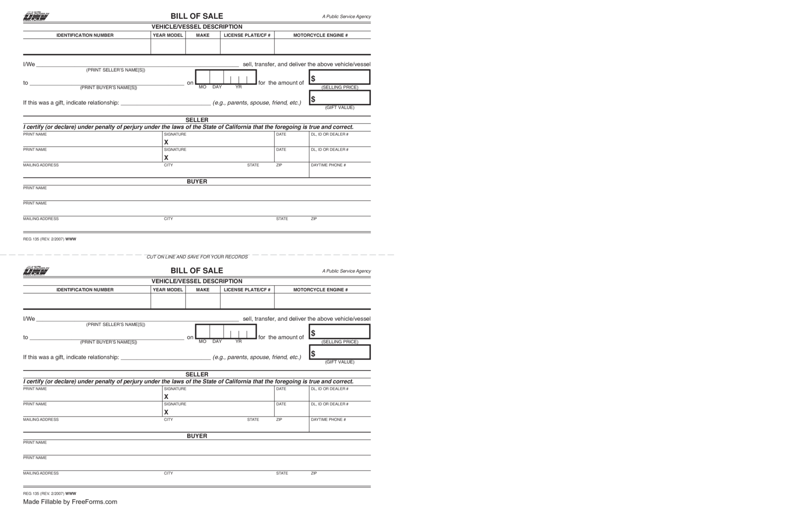 California Motor Vehicle Bill of Sale - Thumbnail