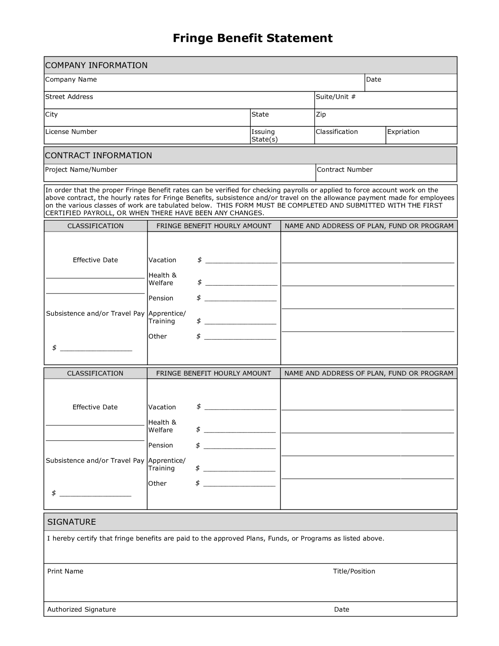 Fillable Contractor Fringe Benefit Statement California - Thumbnail