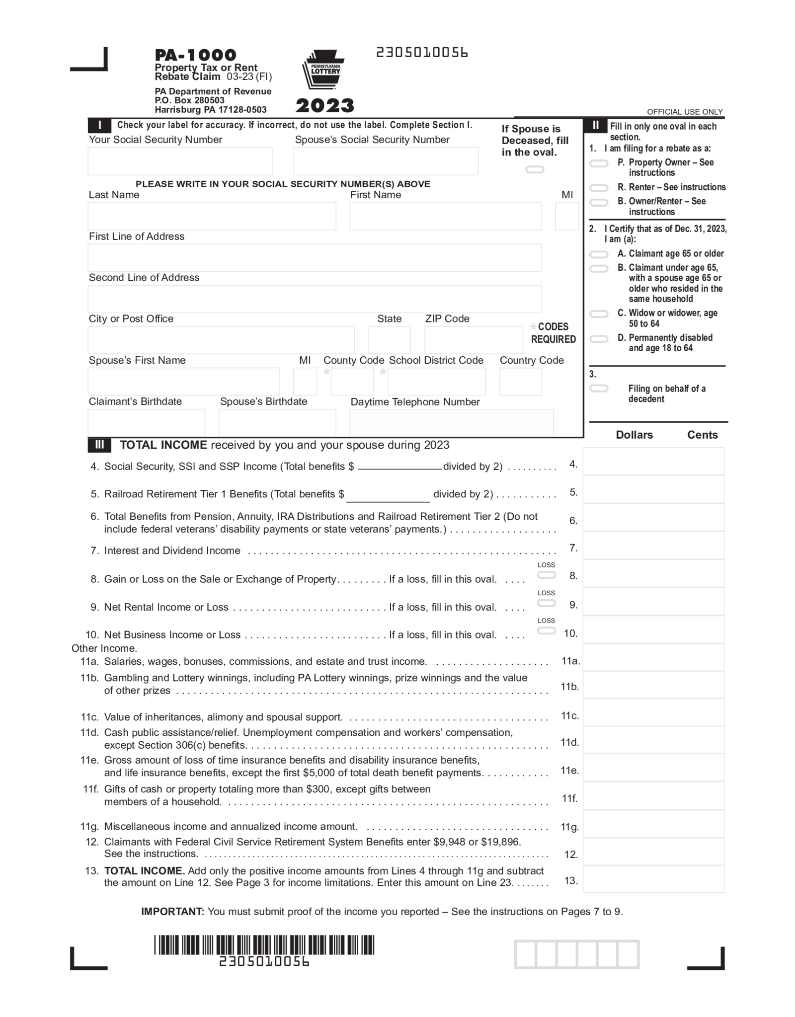 Form PA-1000, Property Tax or Rent Rebate Claim (2023) - Thumbnail