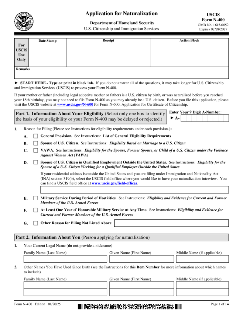 Form USCIS N-400, Application for Naturalization