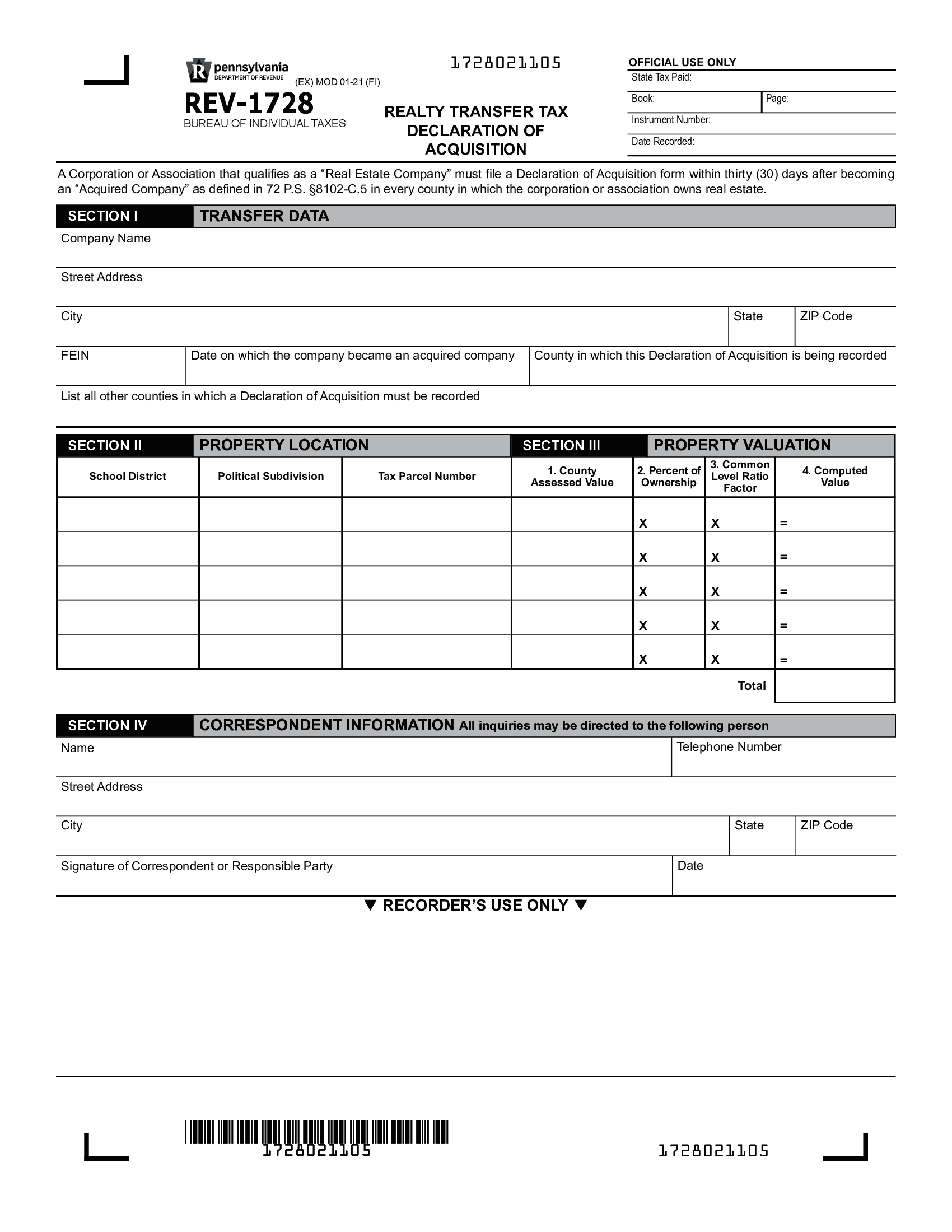 REV-1728 - Realty Transfer Tax Declaration of Acquisition - Thumbnail