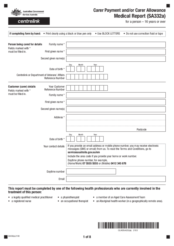 Form AU SA332a, Carer Payment and or Carer Allowance Medical Report