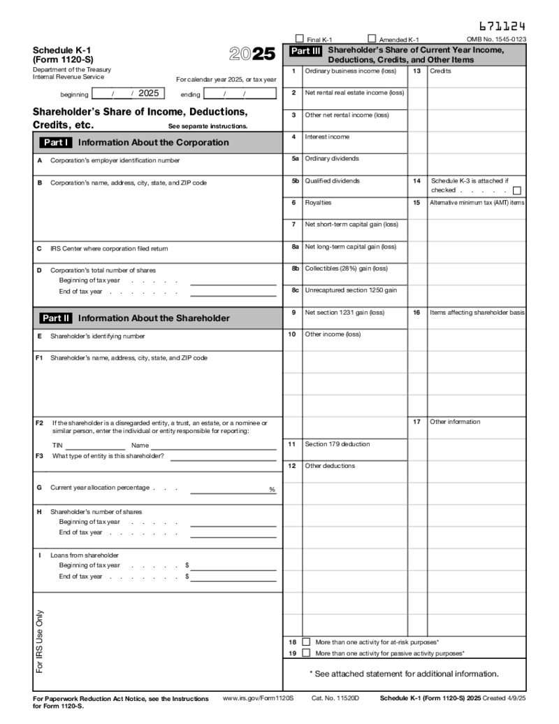 Schedule K-1 (Form 1120-S) 2025
