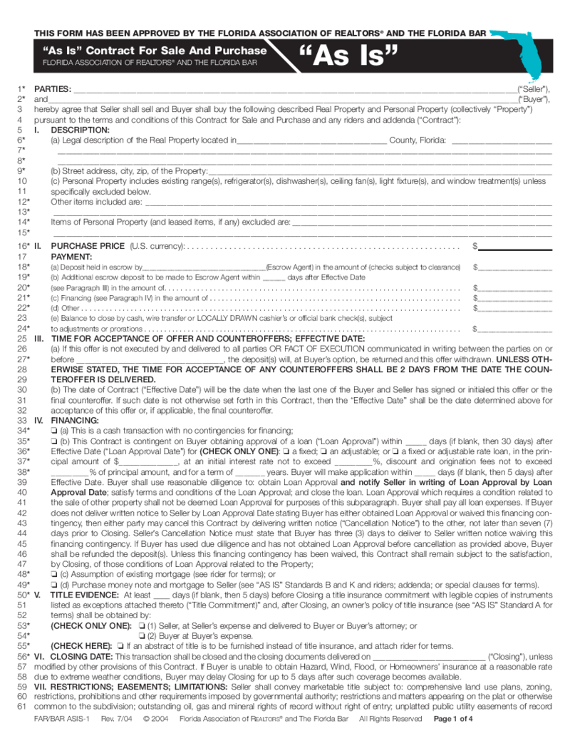 FARBAR AS IS Contract for Purchase and Sale