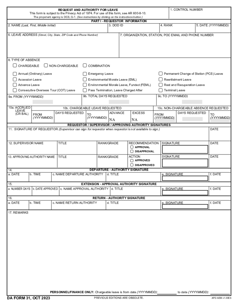 DA 31 Army Leave Form 2023
