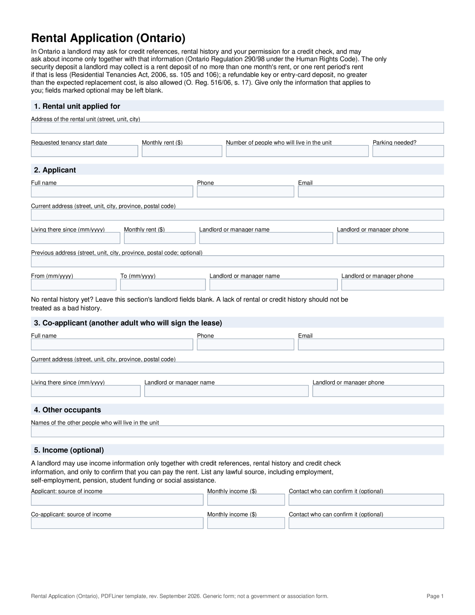 Ontario Rental Application Form - Thumbnail