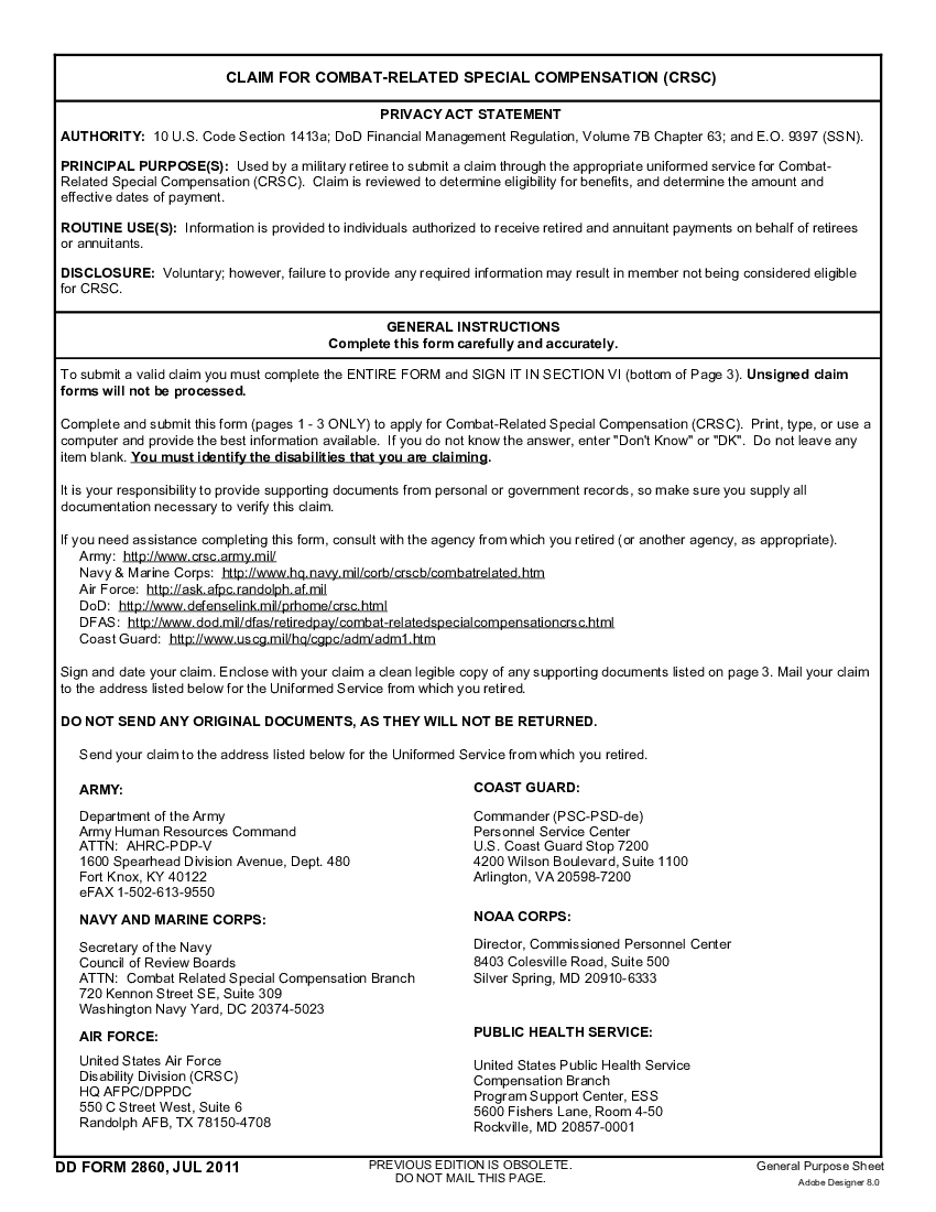 DD Form 2860, Claim for Combat- Related Special Compensation