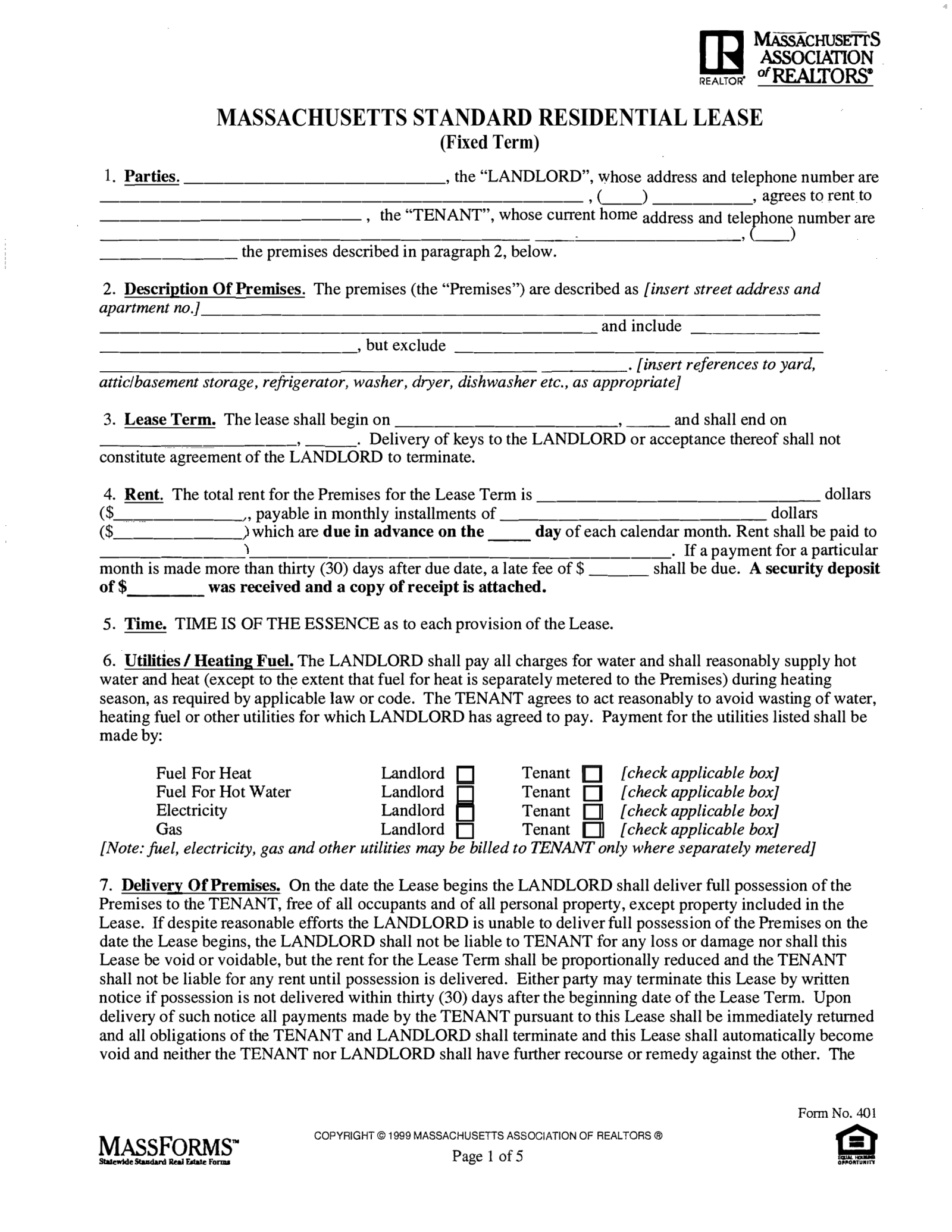 Massachusetts Standard Residential Lease Agreement Form 401 - Thumbnail