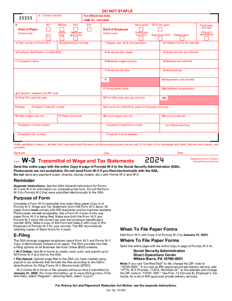 Form W-3 - Transmittal of Wage and Tax Statements