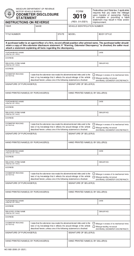 Missouri Form 3019 - Odometer Disclosure Statement