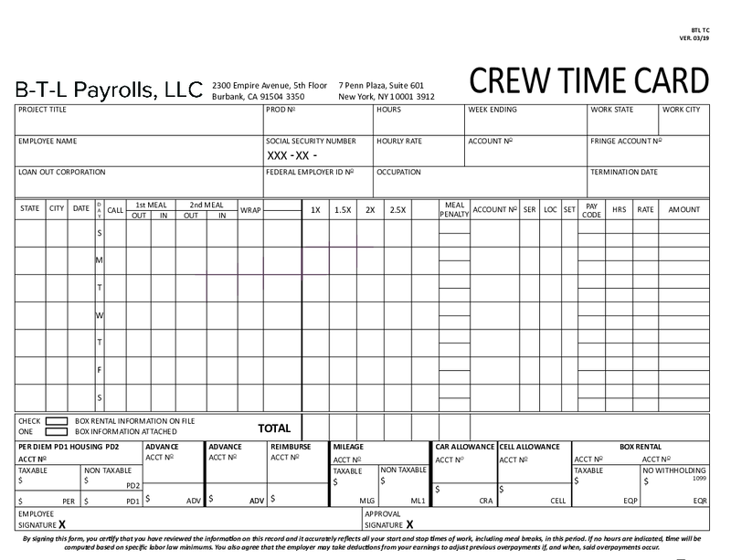 B-T-L Payrolls Crew Time Card