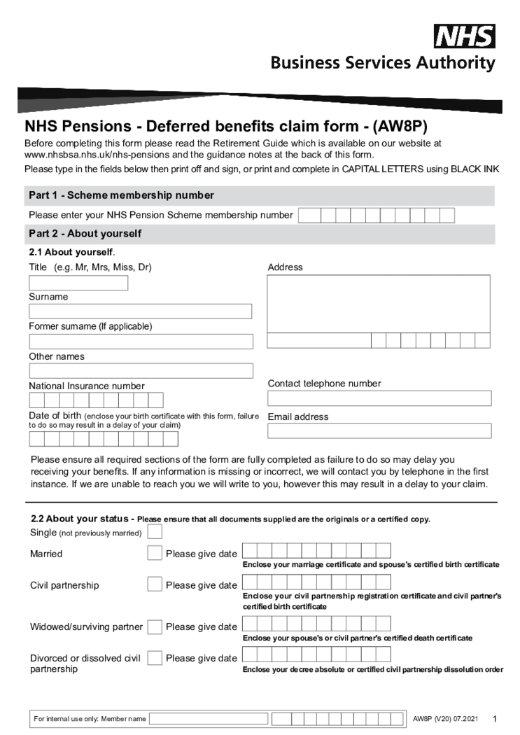 NHS Pensions - Deferred benefits claim form (AW8P) - NHSBSA