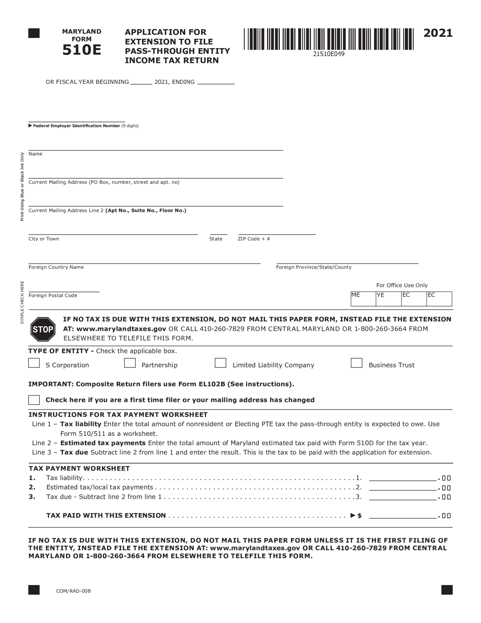 Maryland Form 510E (2021) - Thumbnail