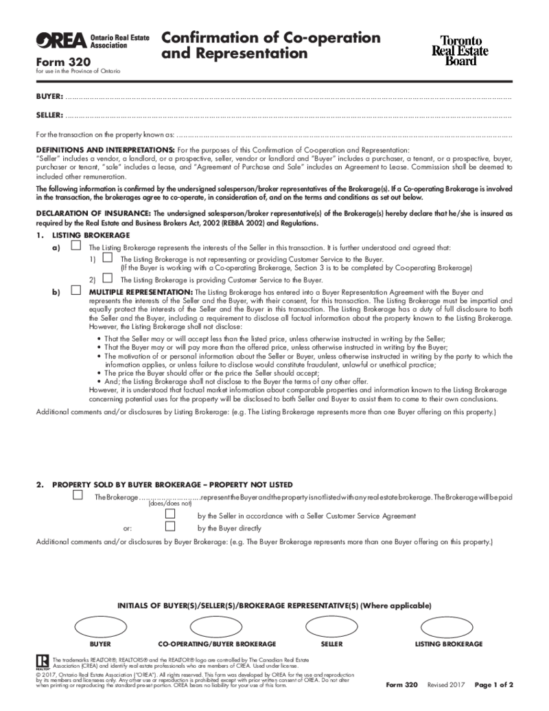 OREA Form 320, Confirmation of Co-operation and Representation