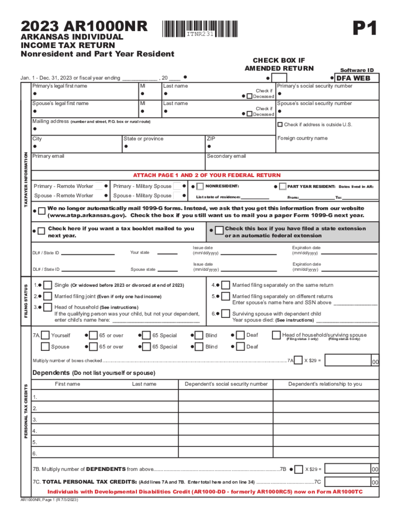 Arkansas Form AR1000NR Part Year or Non-Resident Individual Income Tax Return