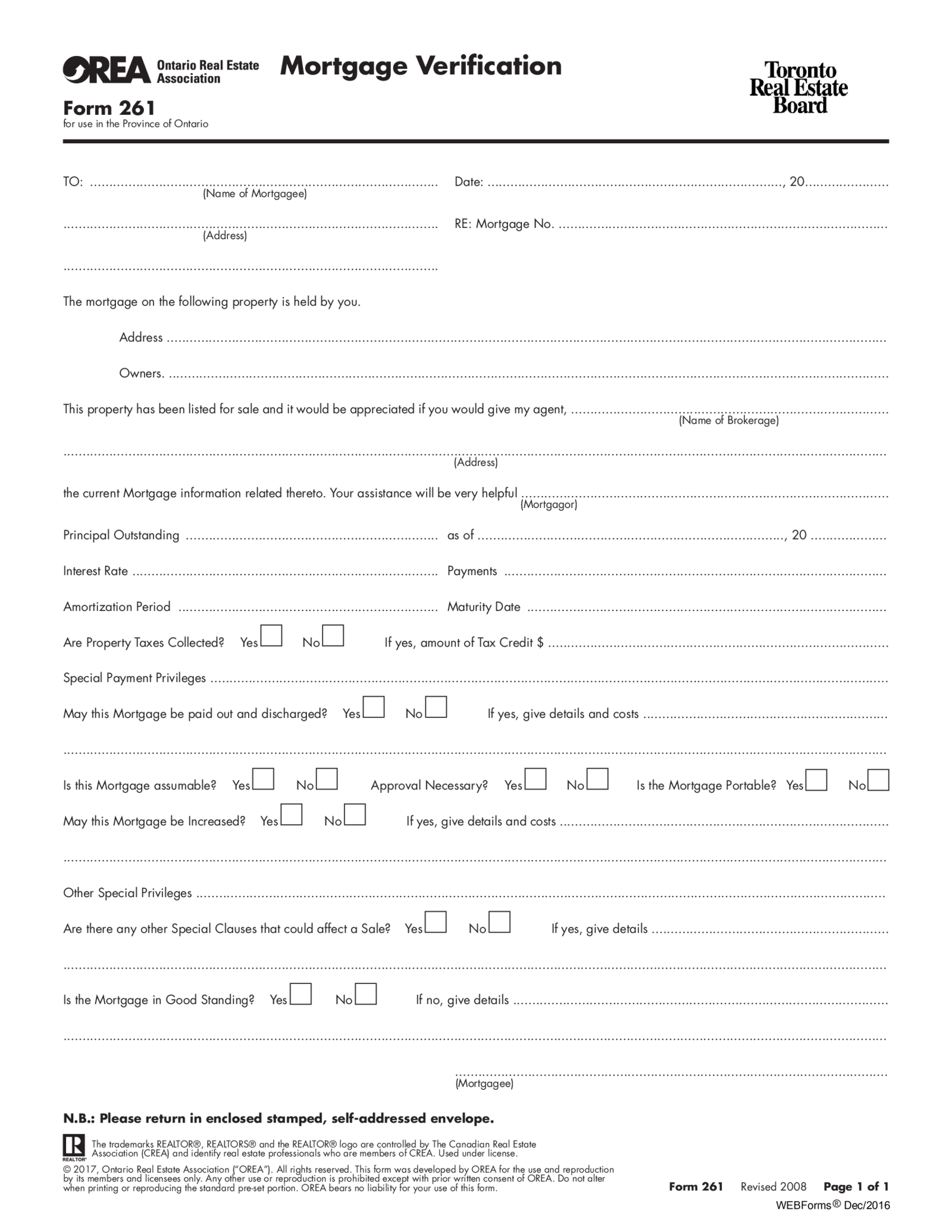 Form 261, Mortgage Verification - Thumbnail