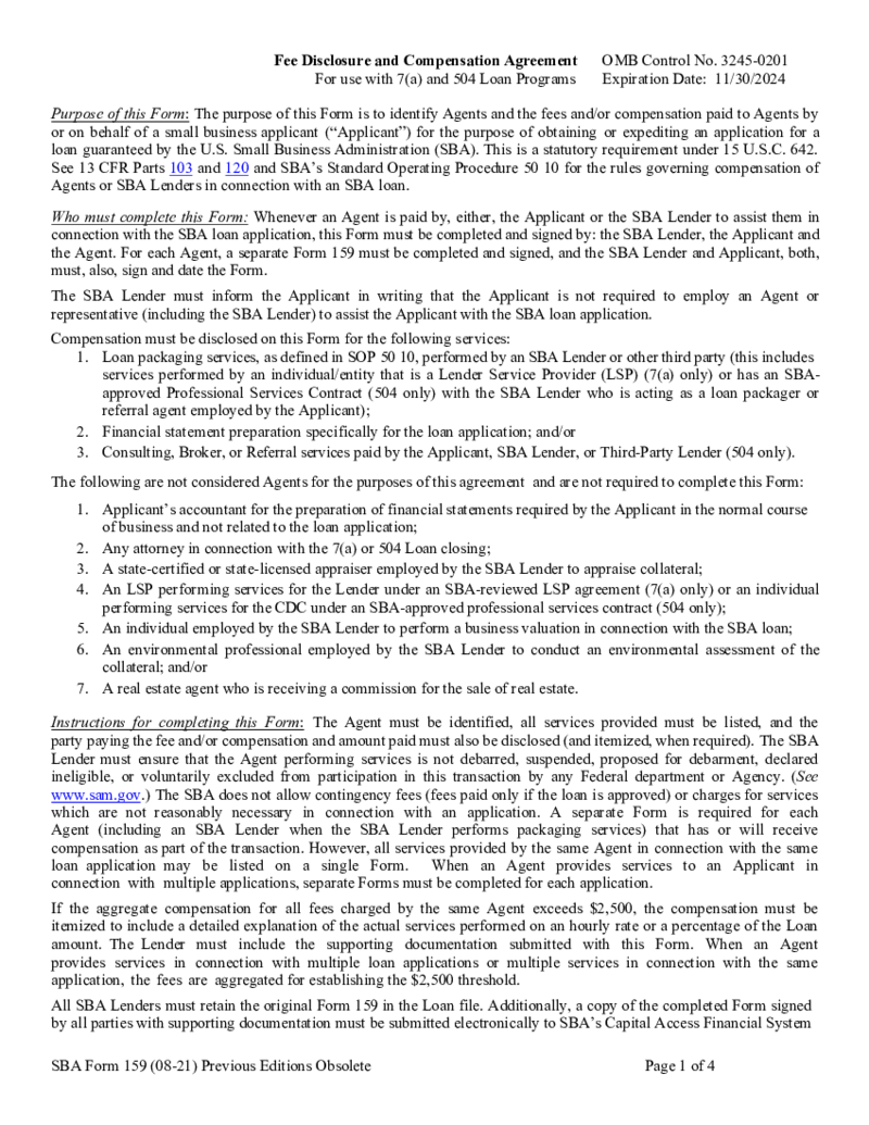 SBA Form 159 - Fee Disclosure and Compensation Agreement