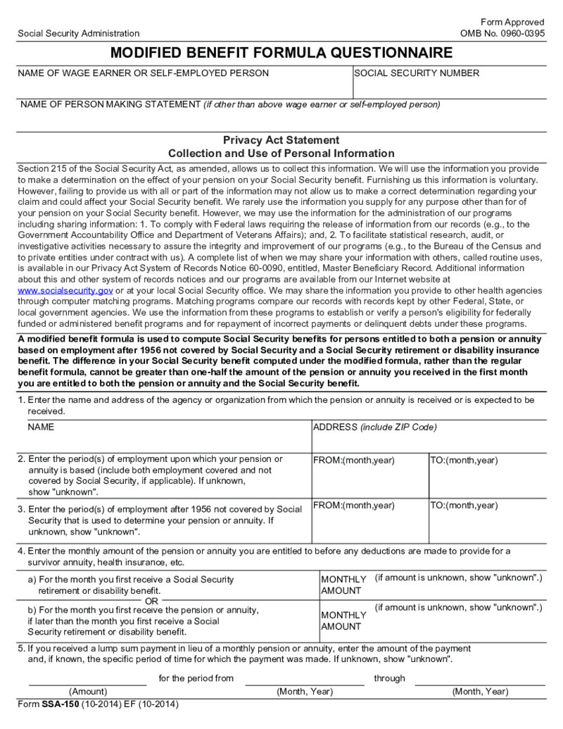 SSA-150 - Modified Benefits Formula Questionnaire