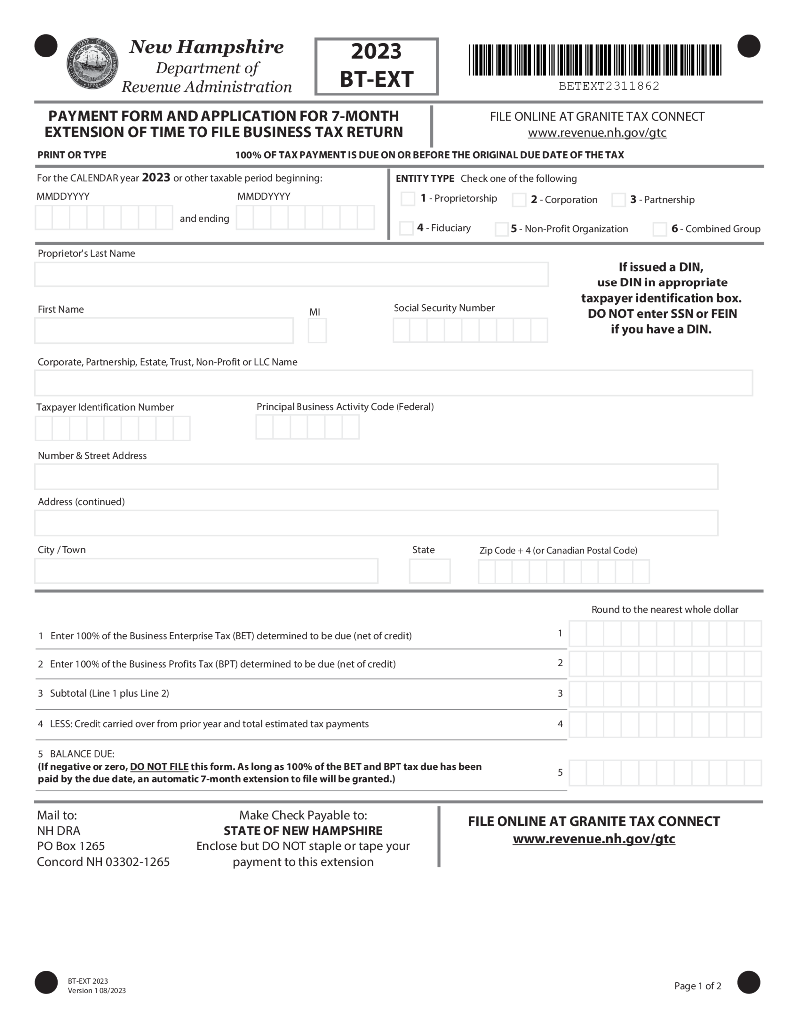 New Hampshire Form BT-EXT - Thumbnail