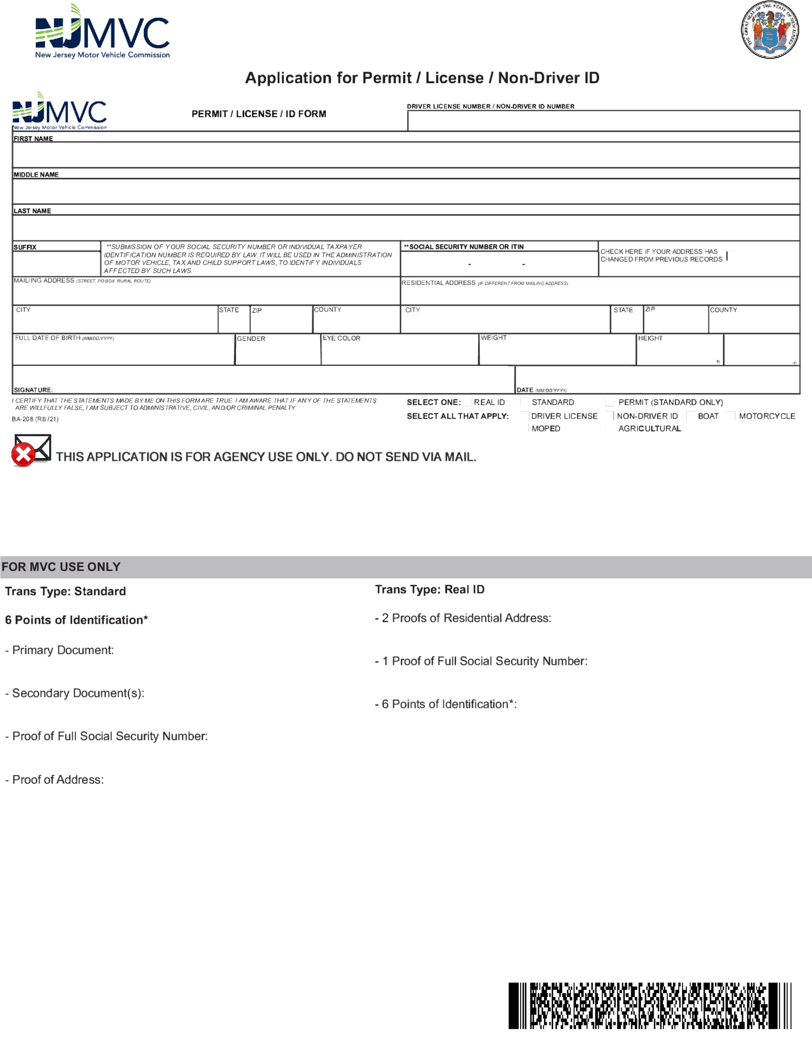 New Jersey Application for Permit, License, Non-Driver ID - Thumbnail