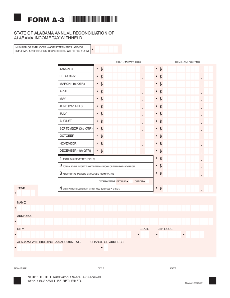 A-3 Annual Reconciliation of Alabama Income Tax Withheld