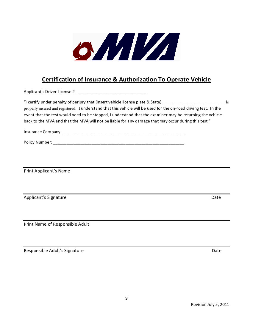 Certification of Insurance and Authorization to Operate Vehicle