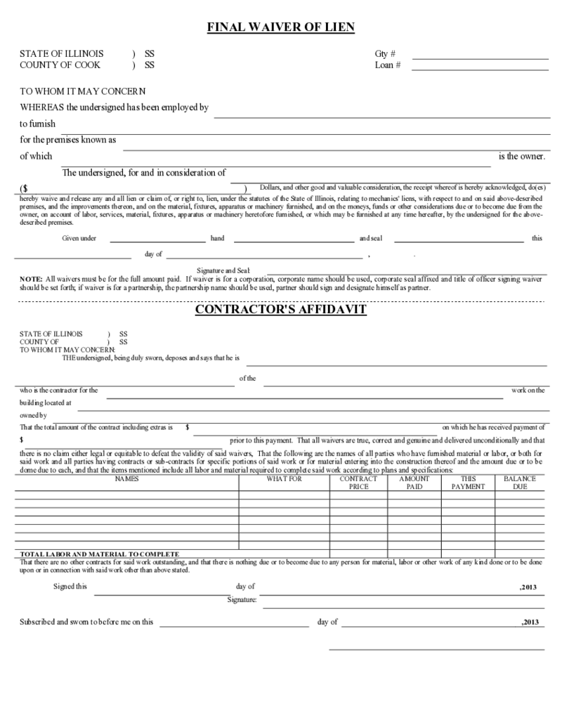 Release Of Lien Form Illinois