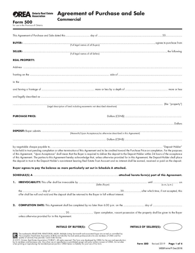 Form 500, Agreement of Purchase and Sale, Commercial