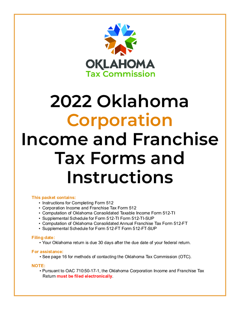 Form 512 Oklahoma Corporation Income and Franchise Tax Return Packet