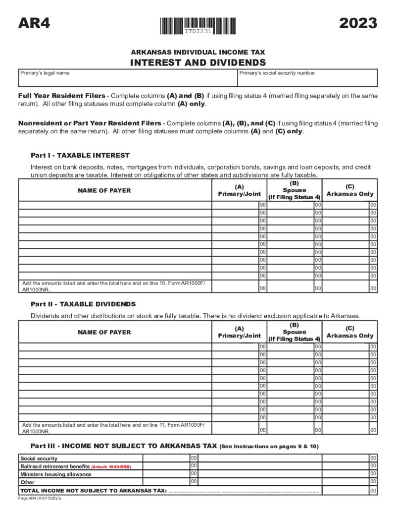 Arkansas Form AR4 Interest and Dividend